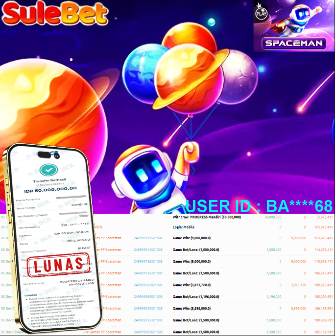 SULEBET – JACKPOT Live Games PP-Spaceman Rp.50.000.000.,- LUNAS !!!