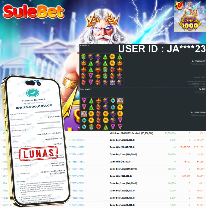 SULEBET – JACKPOT Gates of Olympus 1000 Rp.23.500.000.,- LUNAS !!!