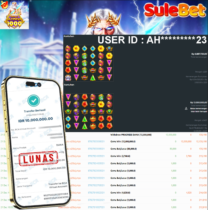 SULEBET – JACKPOT Gates of Olympus 1000 Rp.10.000.000.,- LUNAS !!!