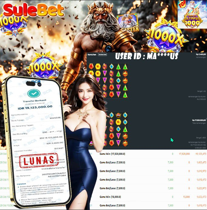 SULEBET – JACKPOT Gates of Olympus 1000 Rp.19.123.000.,- LUNAS !!!