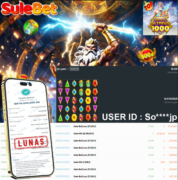 SULEBET – JACKPOT Gates of Olympus 1000 Rp.10.000.000.,- LUNAS !!!