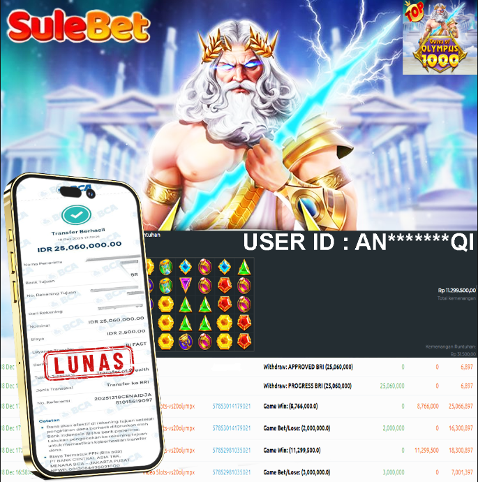 SULEBET – JACKPOT Gates of Olympus 1000 Rp.25.060.000.,- LUNAS !!!