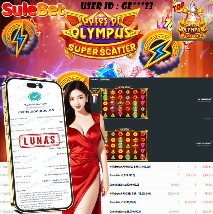 SULEBET – JACKPOT Gates of OLYMPUS SUPER SCATTER Rp.15.000.000.,- LUNAS !!!