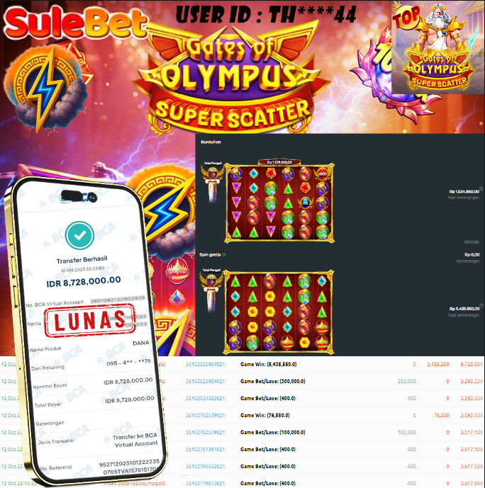 SULEBET – JACKPOT Gates of OLYMPUS SUPER SCATTER Rp.8.728.000.,- LUNAS !!!