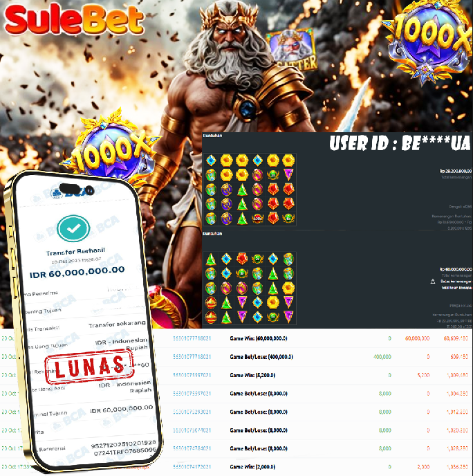 SULEBET – JACKPOT Gates of Olympus 1000 Rp.60.000.000.,- LUNAS !!!