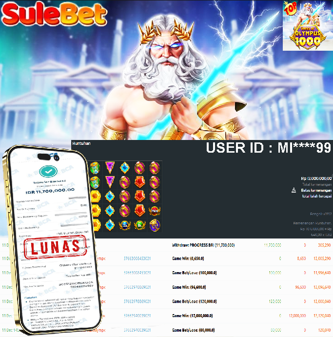 SULEBET – JACKPOT Gates of Olympus 1000 Rp.11.700.000.,- LUNAS !!!