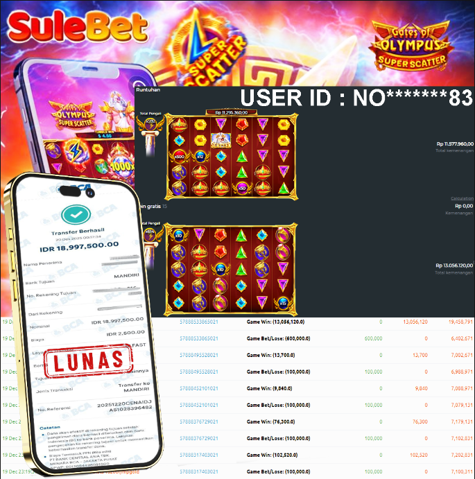 SULEBET – JACKPOT Gates of Olympus Super Scatter Rp.18.997.500.,- LUNAS !!!