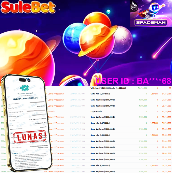SULEBET – JACKPOT Live Games PP-Spaceman Rp.34.454.000.,- LUNAS !!!
